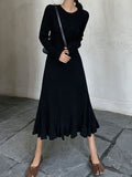 Zjkrl - Long Sleeves Loose Ruffled Solid Color Round-Neck Midi Dresses Sweater Dresses