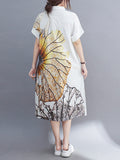 Zjkrl - Artistic Retro Floral Printed Buttoned Lapel Collar Short Sleeves Midi Shirt Dress