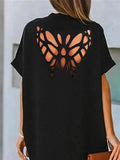 Zjkrl - Loose Short Sleeves Butterfly Hollow Solid Color V-Neck Mini Dresses