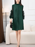 Zjkrl - Long Sleeves Loose Embroidered Pleated Solid Color Round-Neck Midi Dresses