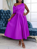 Zjkrl - Wrap Hollow Pleated Solid Color Zipper One-Shoulder Midi Dresses