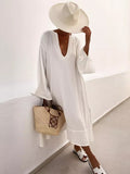Zjkrl - Vacation Flared Sleeves Solid Color Deep V-Neck Midi Dresses