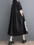 Zjkrl - Loose Short Sleeves Buttoned Floral Printed Lapel Collar Midi Dresses
