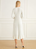 Elegant Plain Long Sleeve Buttoned Pleated Sweater Dress