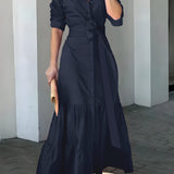 Zjkrl - Solid Button Front Belted Dress, Elegant Ruched Sleeve Ruffle Trim Maxi Dress, Women's Clothing