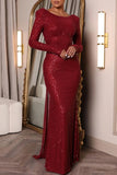 Zjkrl - Burgundy Sexy Formal Solid Sequins Patchwork Backless O Neck Evening Dress Dresses