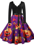 Women‘s Halloween Dress A Line Dress Knee Length Dress Black Blue Purple Pink Red Long Sleeve Pumpkin Bat Print Pumpkin Spider Print Fall Winter V Neck Hot Vintage Slim 2023 S M L XL XXL 3XL