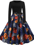 Women‘s Halloween Dress A Line Dress Knee Length Dress Black Blue Wine Long Sleeve Pumpkin Spider Print Pumpkin Bow Print Fall Winter Crew Neck Hot Vintage Slim 2023 S M L XL XXL