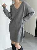 Zjkrl - Simple Loose Long Sleeves Solid Color V-Neck Sweater Dresses
