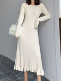 Zjkrl - Long Sleeves Loose Ruffled Solid Color Round-Neck Midi Dresses Sweater Dresses
