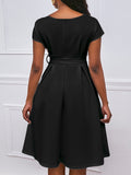 Zjkrl - Bowknot Lace-Up Solid Color V-Neck Midi Dresses