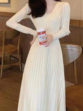 Zjkrl - A-Line High Waisted Pleated Solid Color V-Neck Midi Dresses Sweater Dresses