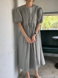 Zjkrl - Original Loose Solid Color Pleated Puff Sleeves Midi Dress