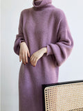 Zjkrl - Urban Loose Puff Sleeves Solid Color High-Neck Sweater Dresses