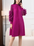Zjkrl - Long Sleeves Loose Embroidered Pleated Solid Color Round-Neck Midi Dresses