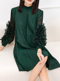 Zjkrl - Long Sleeves Loose Embroidered Pleated Solid Color Round-Neck Midi Dresses