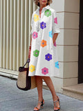 Zjkrl - Long Sleeves Floral Printed Lapel Midi Dresses