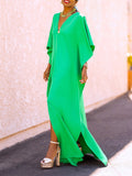 Zjkrl - Batwing Sleeves Loose Solid Color Split-Side V-Neck Maxi Dresses