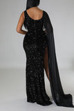 Zjkrl - Black Sexy Solid Tassel Sequins Patchwork Slit V Neck Evening Dress Dresses