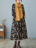 Zjkrl - Artistic Retro Ramie Cotton Floral Printed Pleated Round-Neck Long Sleeves Midi Dress