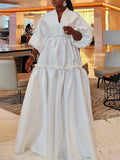 High Waisted Puff Sleeves Falbala Solid Color V-Neck Maxi Dresses