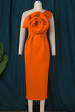 Zjkrl - Orange Elegant Solid Patchwork Appliques Oblique Collar Dresses