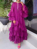 Zjkrl - Flared Sleeves Loose Falbala Solid Color Round-Neck Maxi Dresses