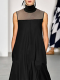 Zjkrl - Loose Sleeveless See-Through Solid Color Split-Joint High-Neck Maxi Dresses