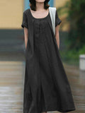 Zjkrl - Simple Solid Color U-Neck Pleated Short Sleeves Maxi Dress