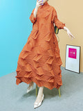 Zjkrl - Long Sleeves Loose Pleated Solid Color Stand Collar Maxi Dresses