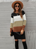 Zjkrl - Casual Long Sleeves Contrast Color Round-Neck Sweater Dresses