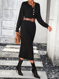 Zjkrl - Long Sleeves Loose Buttoned Split-Joint Round-Neck Midi Dresses Sweater Dresses