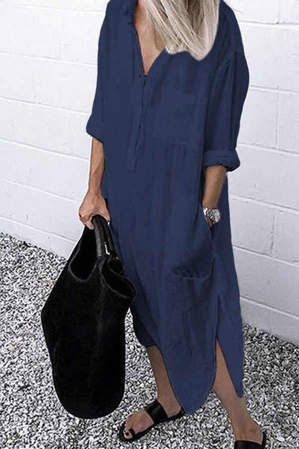 Zjkrl - Casual Solid Color Split Shirt Dress