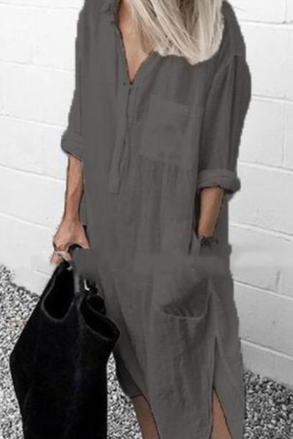Zjkrl - Casual Solid Color Split Shirt Dress