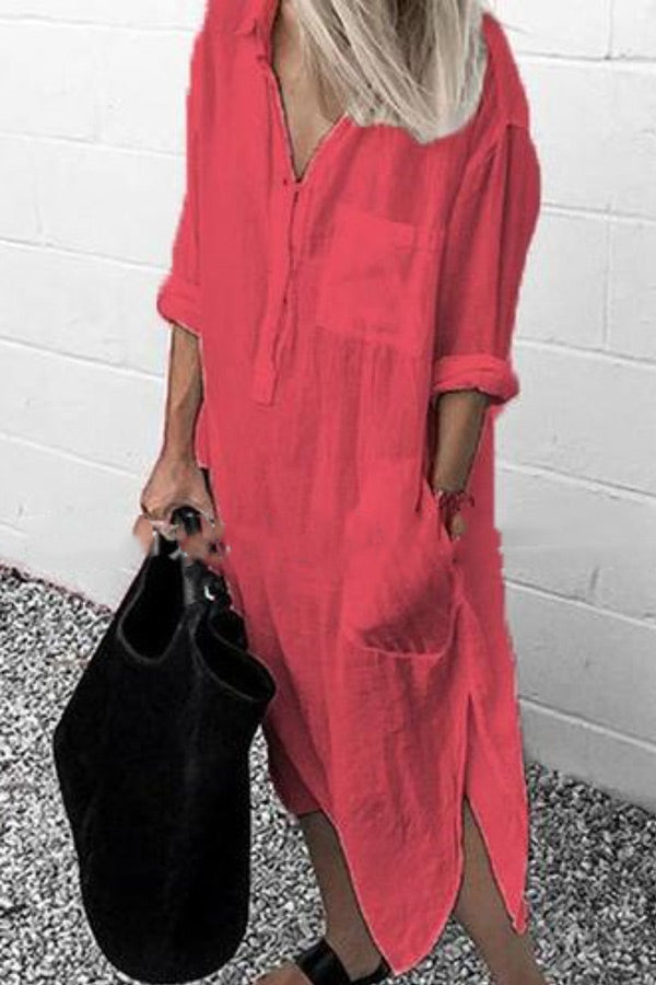 Zjkrl - Casual Solid Color Split Shirt Dress