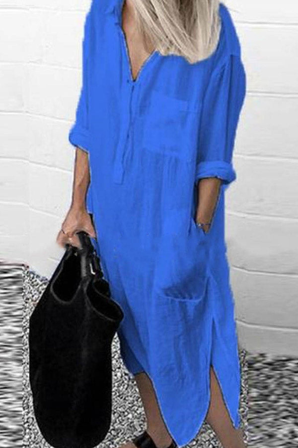 Zjkrl - Casual Solid Color Split Shirt Dress