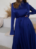 Zjkrl - Flared Sleeves Long Sleeves Solid Color High-Neck Maxi Dresses