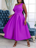 Zjkrl - Wrap Hollow Pleated Solid Color Zipper One-Shoulder Midi Dresses