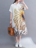 Zjkrl - Artistic Retro Floral Printed Buttoned Lapel Collar Short Sleeves Midi Shirt Dress