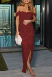 Zjkrl - Burgundy Sexy Formal Patchwork Sequins Backless Slit Off the Shoulder Evening Dress Dresses