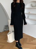Zjkrl - Simple Long Sleeves Black Split-Joint Elasticity Waist Pleated Midi Dress