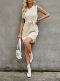Zjkrl - Loose Sleeveless Solid Color Split-Joint Tied Waist Round-Neck Mini Dresses Sweater Dresses