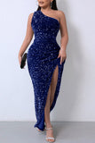 Zjkrl - Dark Gray Sexy Formal Solid Sequins Patchwork Backless Slit One Shoulder Evening Dress Dresses