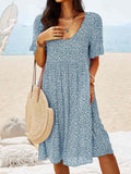 Zjkrl - Women Floral Printed Short Sleeve Vintage Boho Weaving Tunic Dress