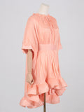 Zjkrl - High-Low Loose Floral Pleated Split-Joint Stand Collar Mini Dresses