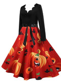 Women‘s Halloween Dress A Line Dress Knee Length Dress Black Blue Purple Pink Red Long Sleeve Pumpkin Bat Print Pumpkin Spider Print Fall Winter V Neck Hot Vintage Slim 2023 S M L XL XXL 3XL