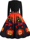 Women‘s Halloween Dress Swing Dress Knee Length Dress Black Blue Purple Yellow Orange Red Long Sleeve Abstract Pumpkin Ghost Bow Print Fall Winter V Neck Stylish Vintage 2023 S M L XL XXL 3XL