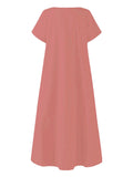 Zjkrl - Simple Solid Color U-Neck Pleated Short Sleeves Maxi Dress