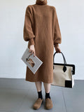 Zjkrl - Urban Loose Puff Sleeves Solid Color High-Neck Sweater Dresses