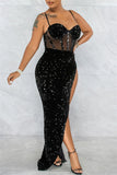 Zjkrl - Red Fashion Sexy Patchwork Sequins See-through Backless Spaghetti Strap Irregular Dress